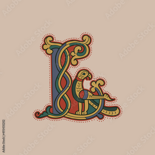 Medieval initial L letter logo made of twisted bird and spiral pattern.