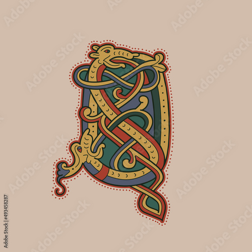 Medieval initial Q letter logo made of twisted beast and spiral pattern.