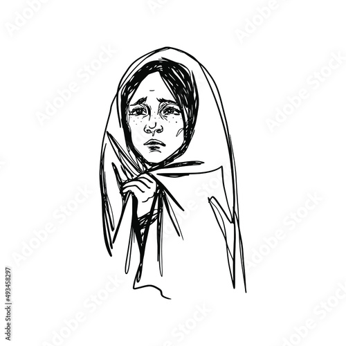 Crying little girl, refugee. Sketching isolated illustration on white background.