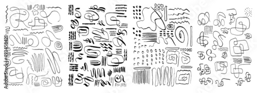 Vector set of grungy hand drawn textures. Lines, circles, squiggles, waves, brush strokes. Artistic organic fluid shapes. Hand drawn elements for your graphic design, wall art, patterns photo