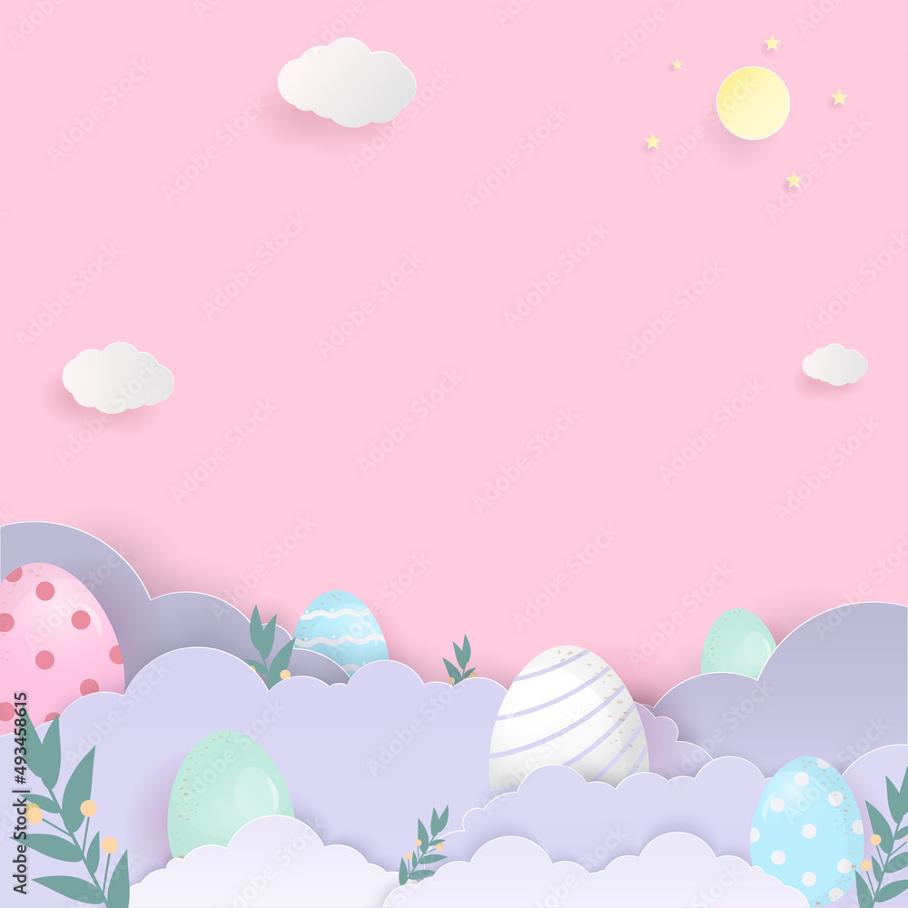 Easter egg and grass with cloud on pink background