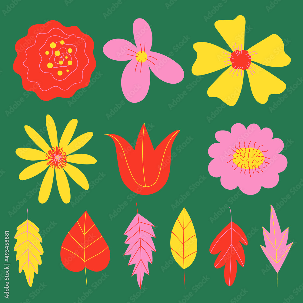 Bright collection of elements of flowers and leaves.Texture in doodle style. Print for printing and decoration.
