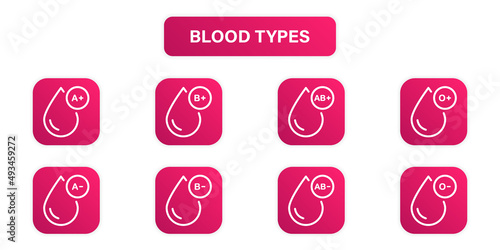 Blood Type Line Icon. Group of Blood Pictogram. Plasma Drops Collection. O, A, B, AB Positive and Negative Type of Blood Outline Icon Set. Isolated Vector Illustration