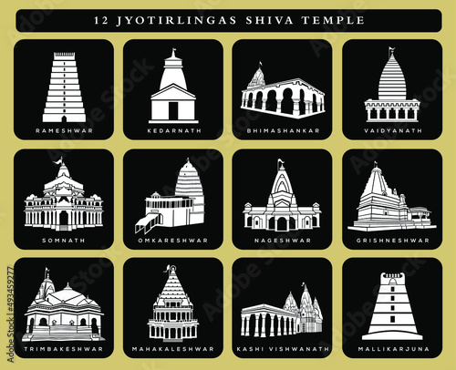 12 Lord Shiva Temples vector icon. 12 jyotirlingas temple. Shiva temples icon illustration. black and white shiv mandir.
