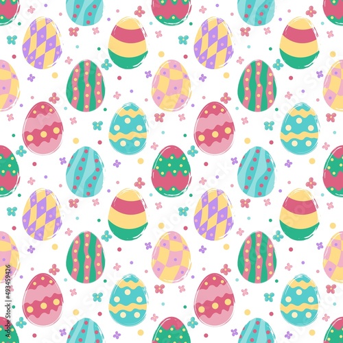 Happy Easter background. Seamless pattern. Colored eggs and flowers in flat style. Vector illustration