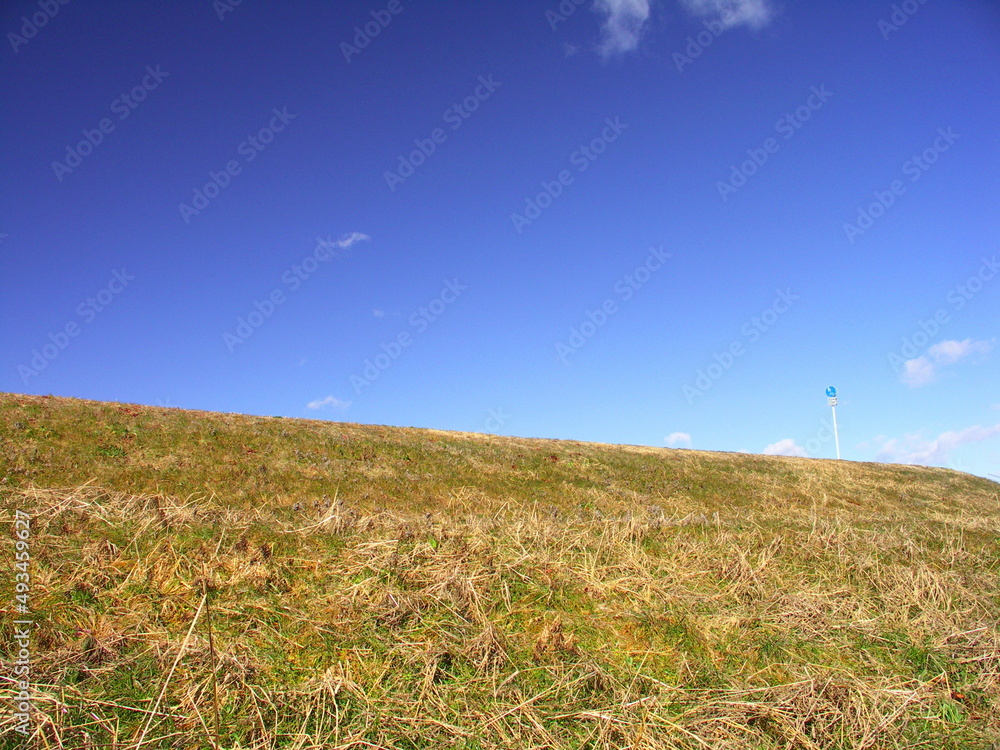 Obraz premium 歩行者と自転車の専用道路のある早春の江戸川土手風景