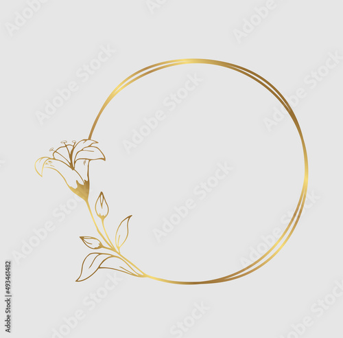 Hand drawn golden lily flower round wreath in cute doodle style. Luxury elegant vector illustration for postcard, wedding invitations, birthday, quotes, thank you card, cosmetics. Copy space for text.