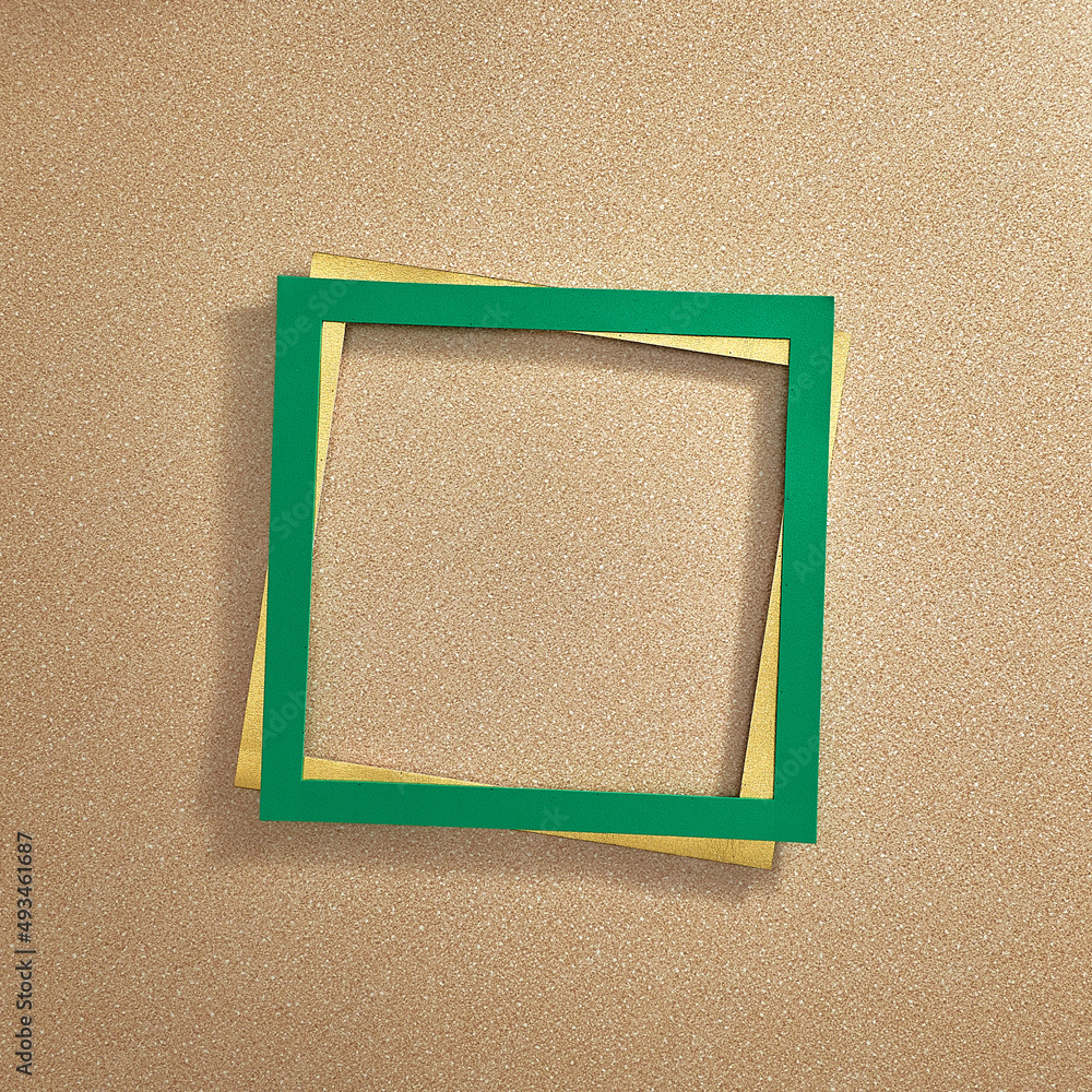 Fototapeta premium Green gold frames on a bright sandy background. Text space. Top view. Minimal style.