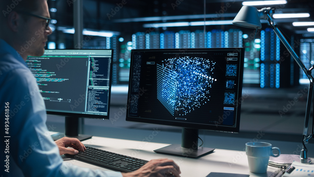 Computer Data Science Engineer Work on Desktop with Screen Showing ...