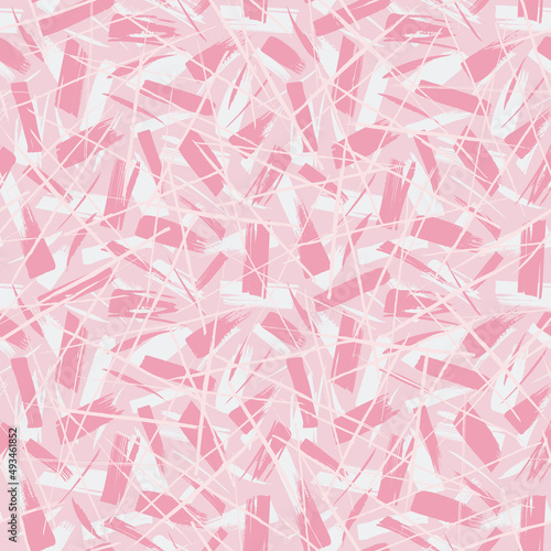 Seamless pattern with pink and white lines and brushstrokes isolated on a pink background. Hand drawn illustration. Abstract texture.
