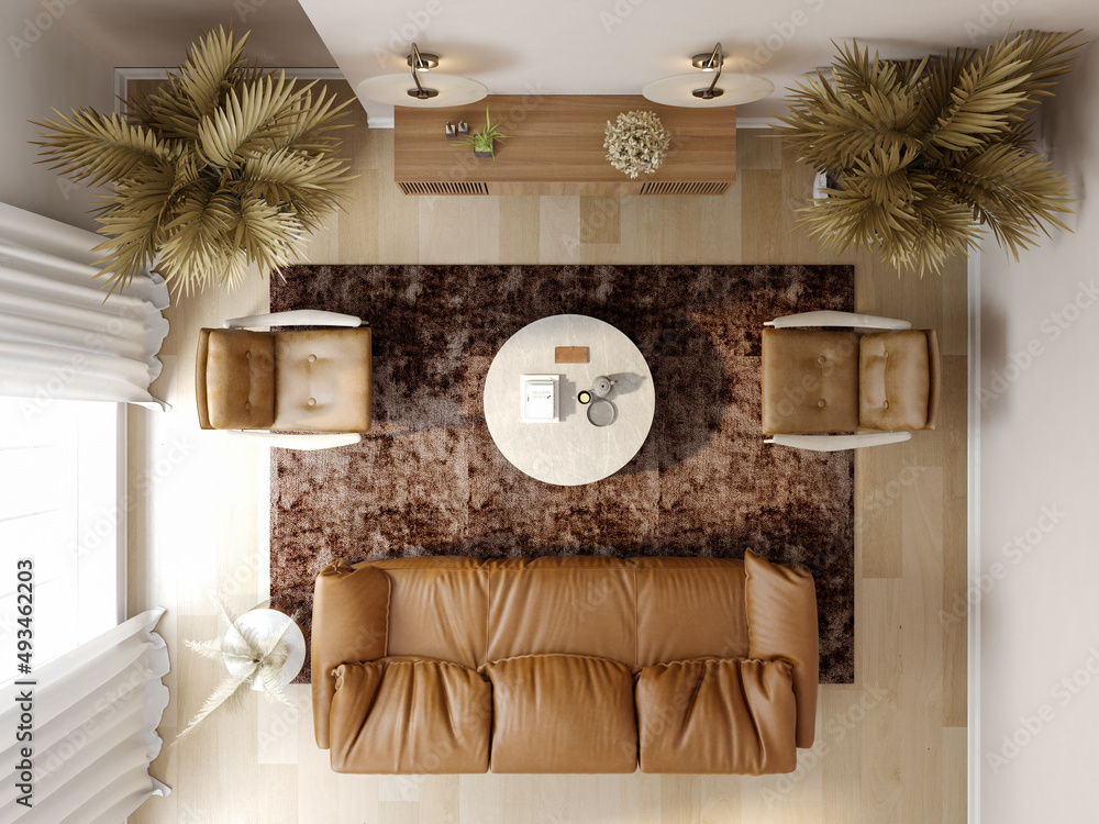 Minimalist Interior of modern living room top view 3D rendering Stock