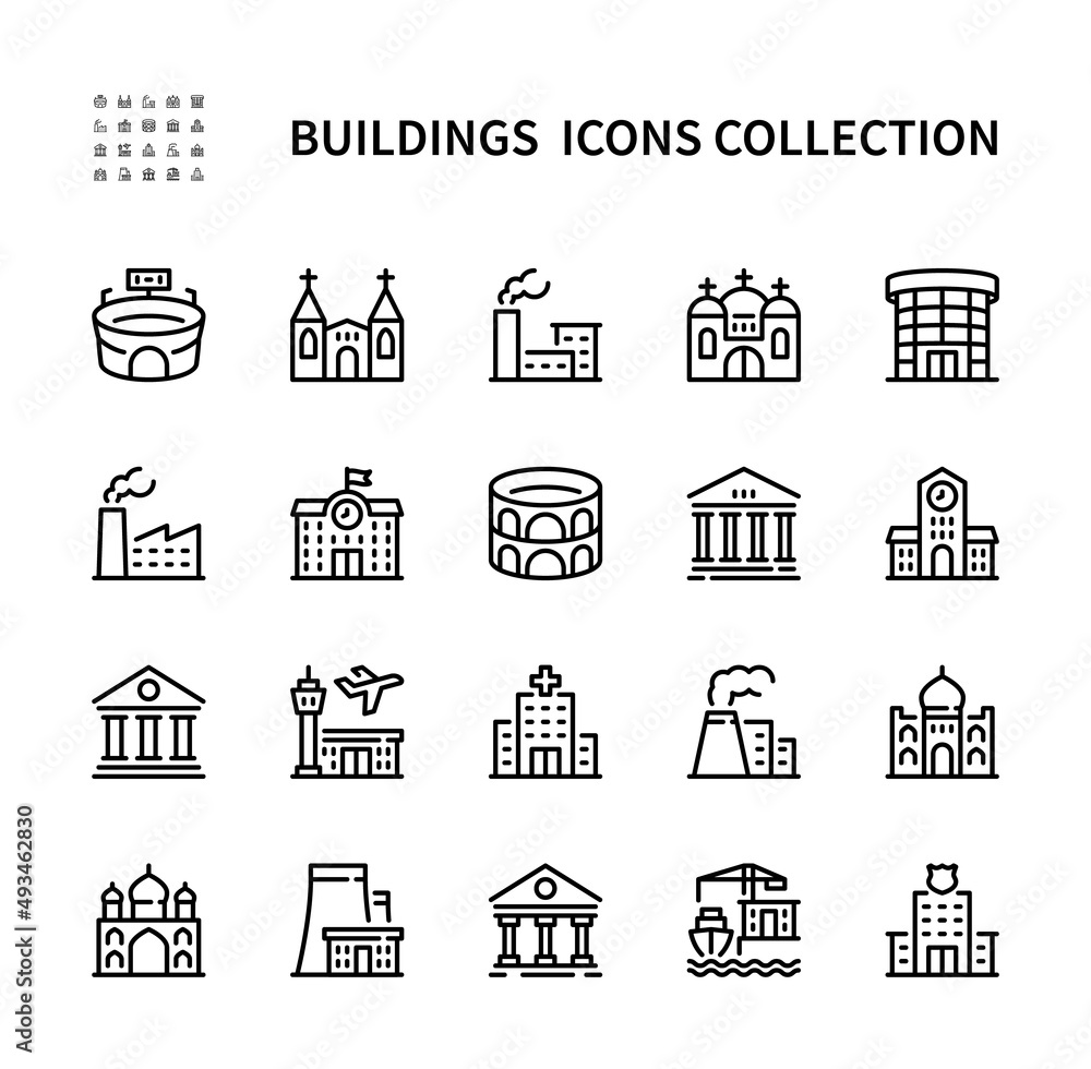 Buildings vector line icons. Isolated icon collection on white background. Buildings symbol vector set.