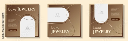 Luxe jewelry social media post, banner set, jewellery business advertisement concept, necklace, rings, jeweller bracelet marketing square ad, abstract print, isolated on background
