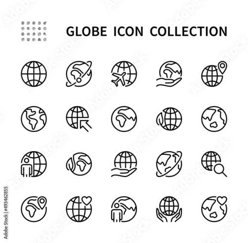 Globe related outline vector linear icons set. Isolated icon collection on white background. Globe symbol vector set.