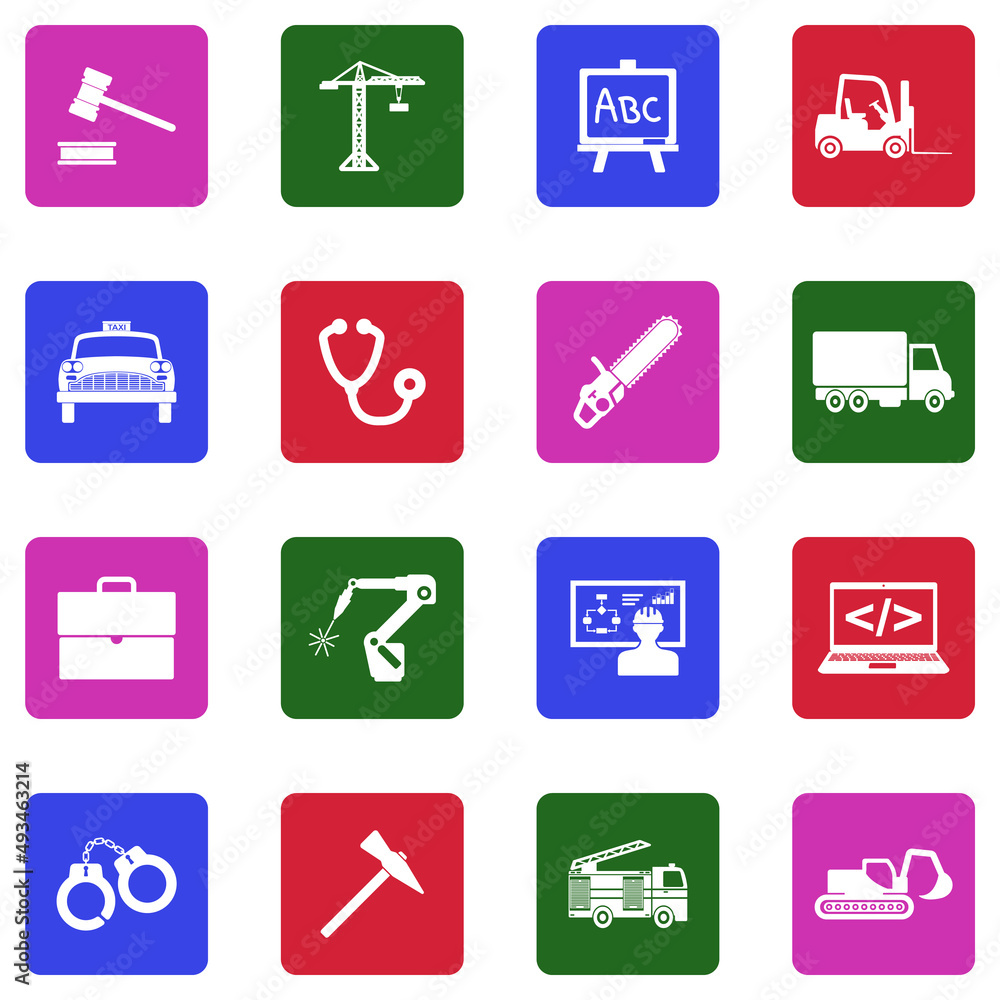 Work Icons. White Flat Design In Square. Vector Illustration. Work Icons. White Flat Design In Square. Vector Illustration.