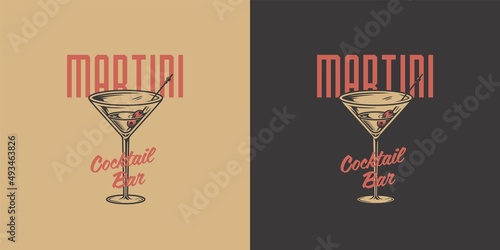 Martini vector cocktail with olives for alcohol bar. Monochrome design with glass of martini for drink party photo