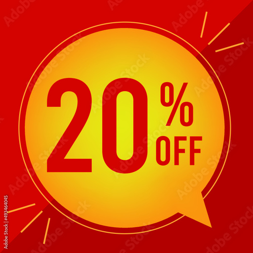 20 percent off. Discount for big sales. Yellow balloon on a red background.