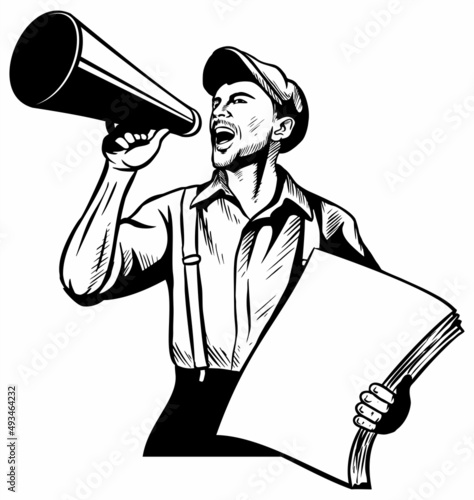 Realistic vector newspaper boy with the speaking trumpet, holding the pack of newspapers, on white background.