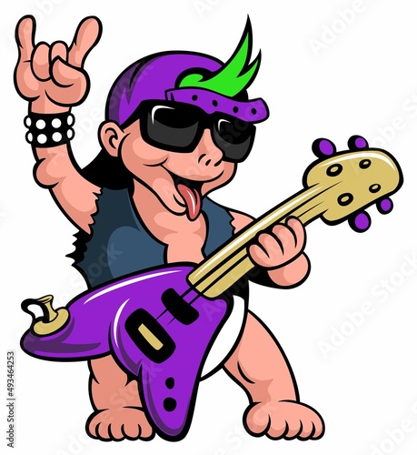 Cartoon style baby boy with the inflatable guitar  showing rock sign.