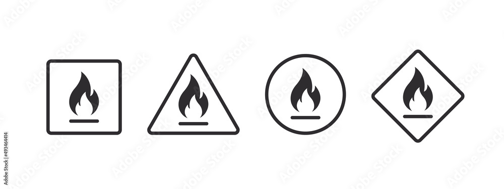 Flammable materials warning sign. Flammable substances icons set. Vector illustration - obrazy, fototapety, plakaty 