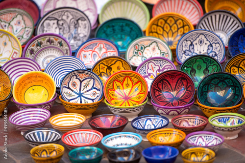 Wall Mural Traditional Moroccan souvenir plates at a street market, bazaar in Medina distri
