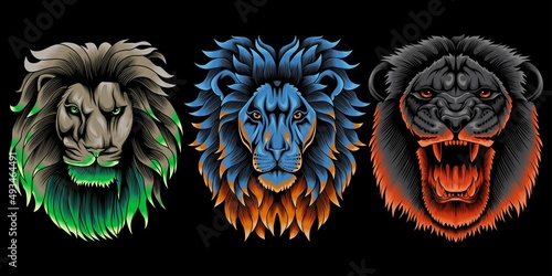 Collection of lion head in neon color style