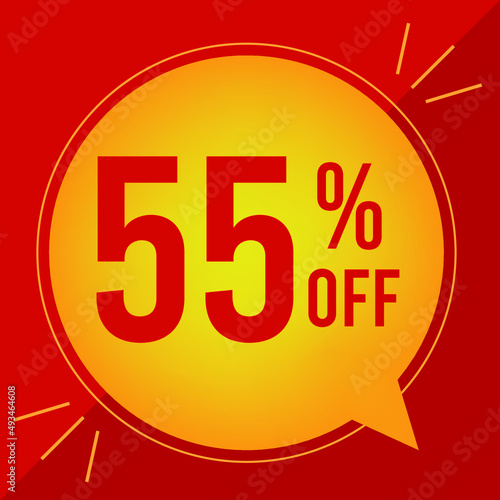 55 percent off. Discount for big sales. Yellow balloon on a red background.