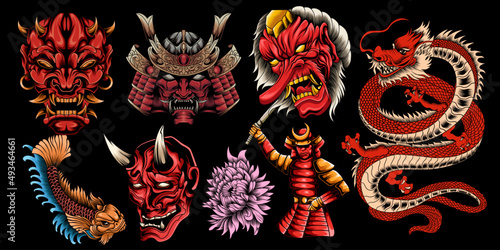 Colorful vector Samurai clipart, vector illustrations for a Japanese theme.
