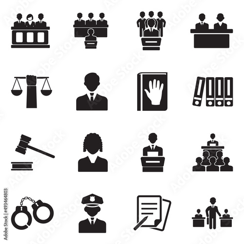 Legal, Court And Justice Icons. Black Flat Design. Vector Illustration.
