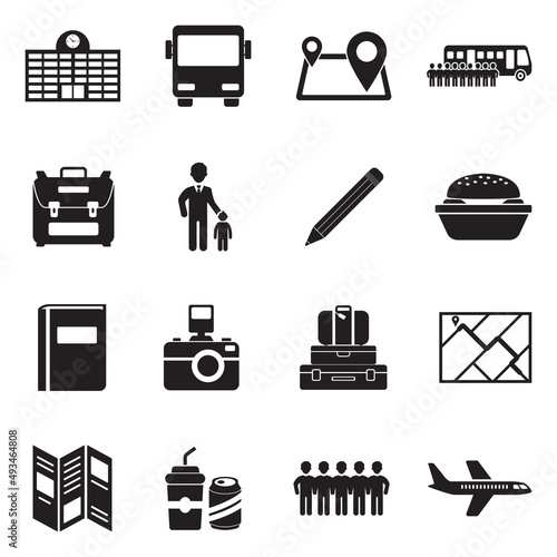 School Trip Icons. Black Flat Design. Vector Illustration.