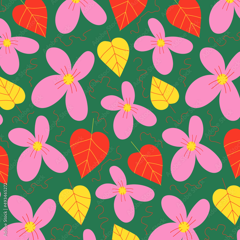 Bright floral pattern. Texture in doodle style. Pink, orange, green and yellow. Print for printing and decoration. Bright floral pattern. Texture in doodle style. Pink, orange, green and yellow. Print for printing and decoration.