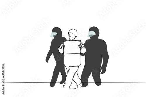 man walks with a blank placard and is taken away by security forces in helmets and body armor - one line drawing vector. concept absurd ban on single picket with blank placard