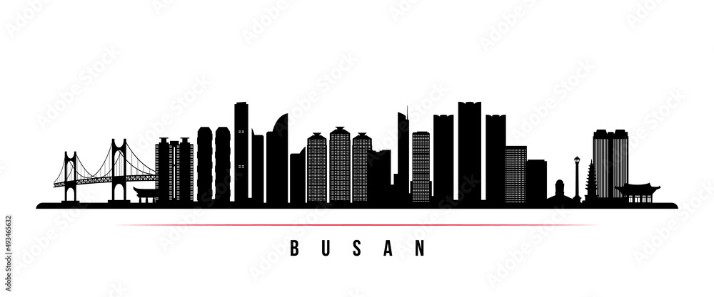 Busan skyline horizontal banner. Black and white silhouette of Busan, South Korea. Vector template for your design.