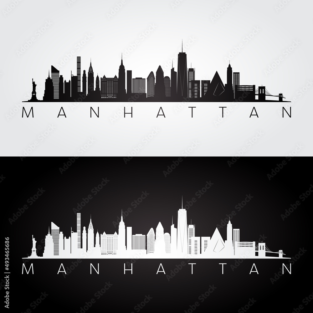 Manhattan, NYC skyline and landmarks silhouette, black and white design, vector illustration.