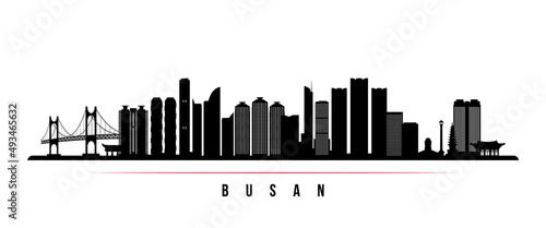 Busan skyline horizontal banner. Black and white silhouette of Busan, South Korea. Vector template for your design.
