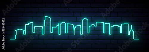 Blue neon skyline of Arlington, Virginia. Bright Arlington City long banner. Vector illustration.