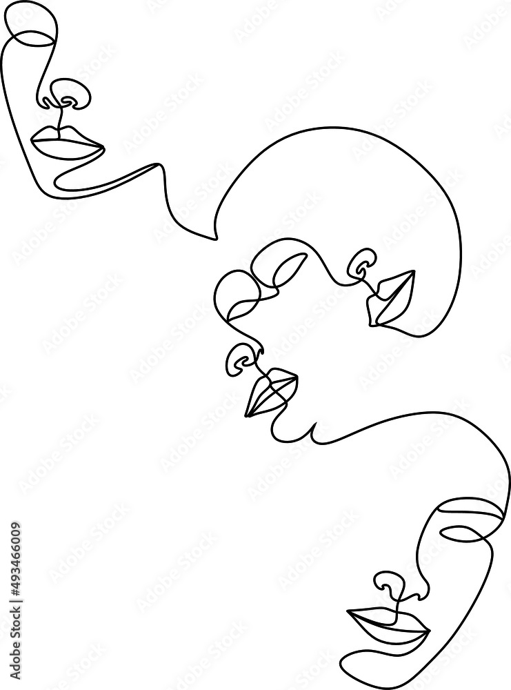 Continuous line, drawing of set faces and hairstyle, fashion concept, woman beauty minimalist, vector illustration for t-shirt, slogan design print graphics style Continuous line, drawing of set faces and hairstyle, fashion concept, woman beauty minimalist, vector illustration for t-shirt, slogan design print graphics style