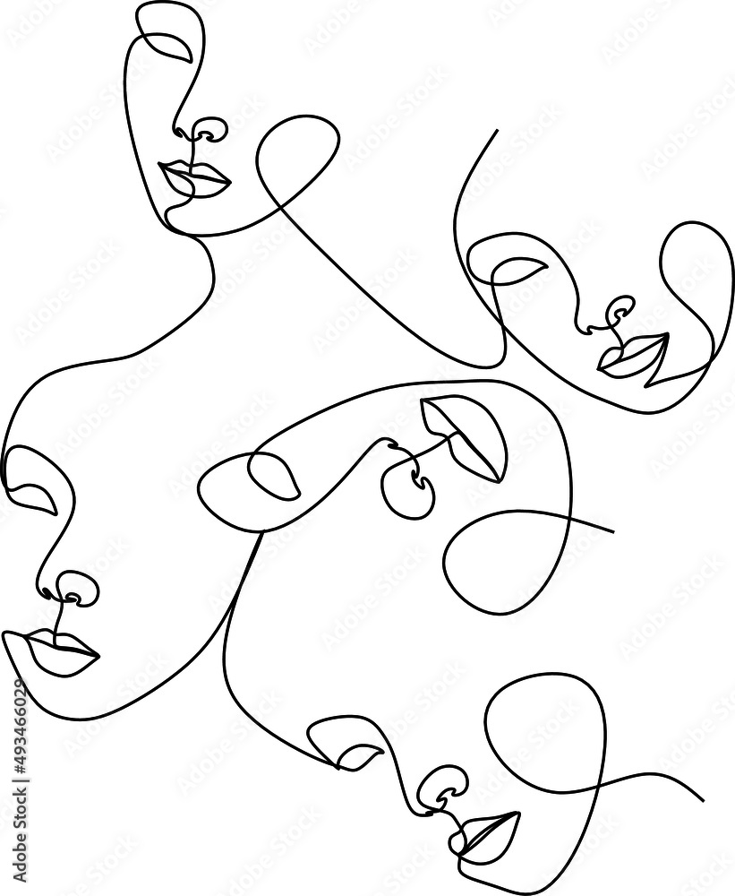 Continuous line, drawing of set faces and hairstyle, fashion concept, woman beauty minimalist, vector illustration for t-shirt, slogan design print graphics style Continuous line, drawing of set faces and hairstyle, fashion concept, woman beauty minimalist, vector illustration for t-shirt, slogan design print graphics style