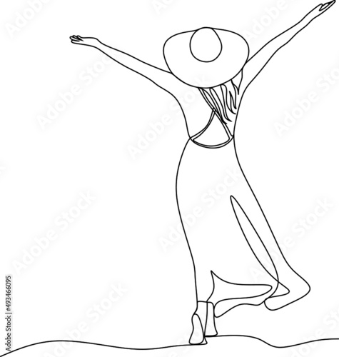 Continuous line art or One Line Drawing of a woman stretching arms is relaxing picture vector illustration