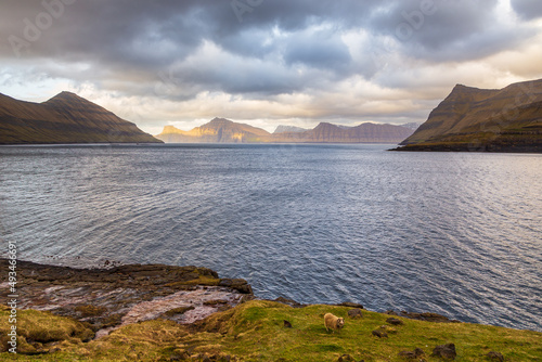 Sunset over the fjord and steep coast in Funnings, Faroe Islands, Denmark. photo