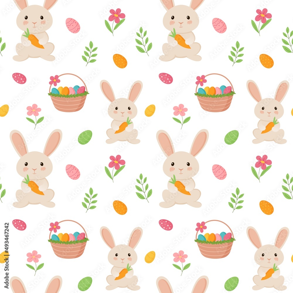 Seamless repeat pattern with easter bunny and eggs basket.Vector illustration in cartoon style. Seamless repeat pattern with easter bunny and eggs basket.Vector illustration in cartoon style.