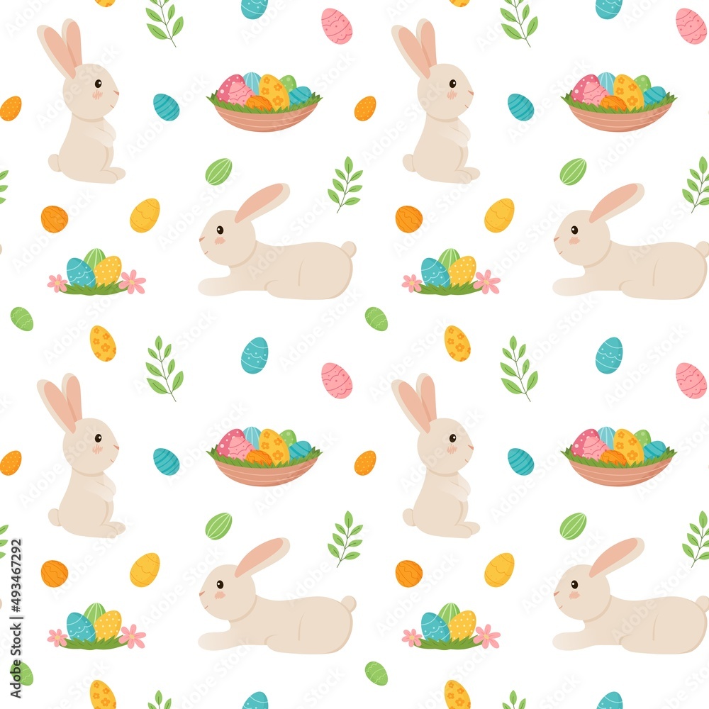 Fototapeta premium Seamless repeat pattern with easter bunny and eggs basket.Vector illustration in cartoon style.