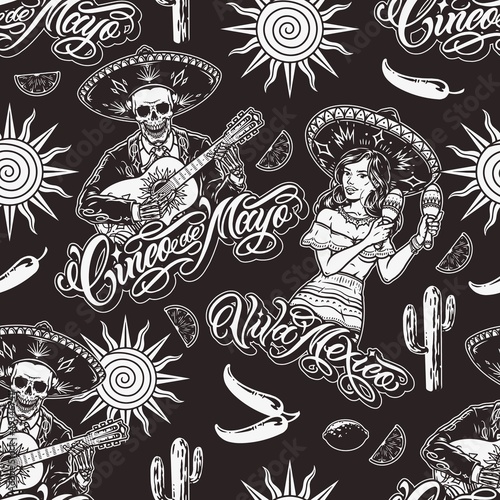 Mexican party monochrome seamless pattern