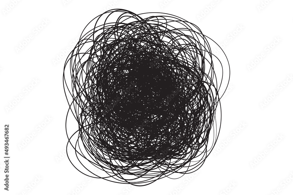 Tangled shape on white. Chaos pattern. Scribble sketch. Background with array of lines. Intricate chaotic texture. Art creation. Black and white illustration. Doodle for posters and flyers Tangled shape on white. Chaos pattern. Scribble sketch. Background with array of lines. Intricate chaotic texture. Art creation. Black and white illustration. Doodle for posters and flyers
