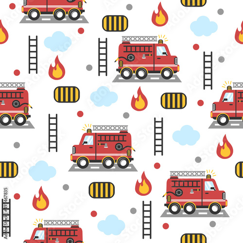 Firetruck  with fire cartoon pattern backgrounds