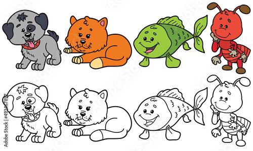 vector illustration set of cartoon pets animals and variants for coloring book
