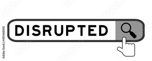 Search banner in word disrupted with hand over magnifier icon on white background