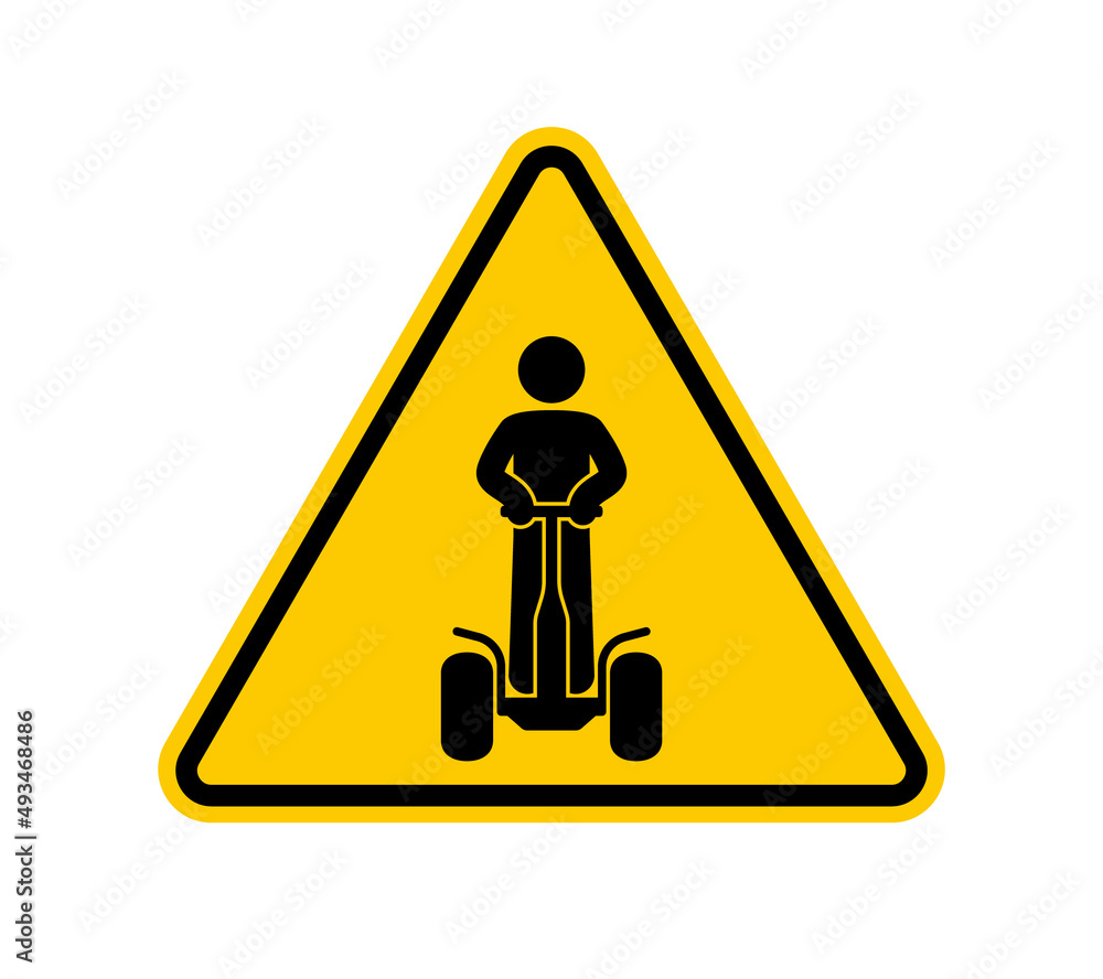 Vector yellow triangle sign - black silhouette figure riding on a segwai. Isolated on white background.
Vector yellow triangle sign - black silhouette figure riding on a segwai. Isolated on white background.