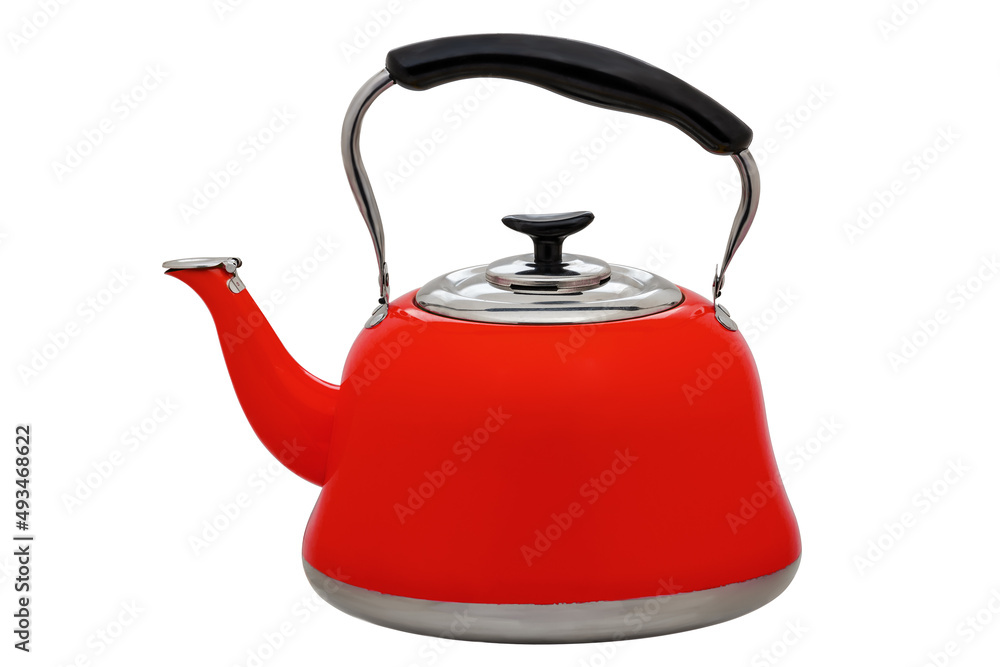Red metal teapot isolated on white background