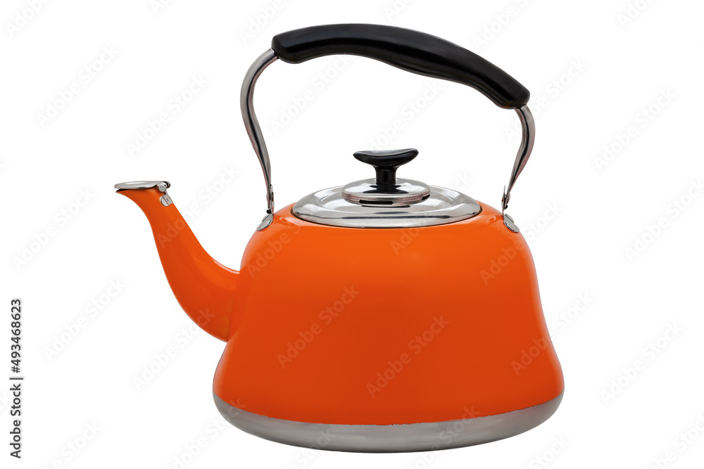 Orange metal teapot isolated on white background